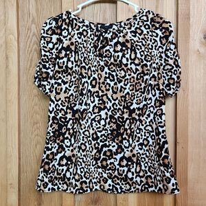 Talbots Leopard Animal Print Round Neck Short Ruched Sleeve Blouse Brown & Black